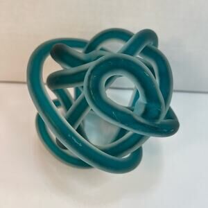WOW Smokey Frosted Teal W/ Gold Flecks Abstract Hand Blown Art Glass Knot Tangle